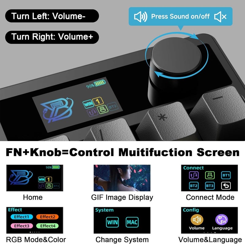 zMAX X BOYI TD31Pro Mechanical Number Pad,30 Keys Hot Swap Wireless BT5.0/2.4GHz/Type-C Wired Numeric Keypad Programmable RGB Gaming Numpad Keyboard with Knob Screen for Laptop/Mac (Black) - Image 4